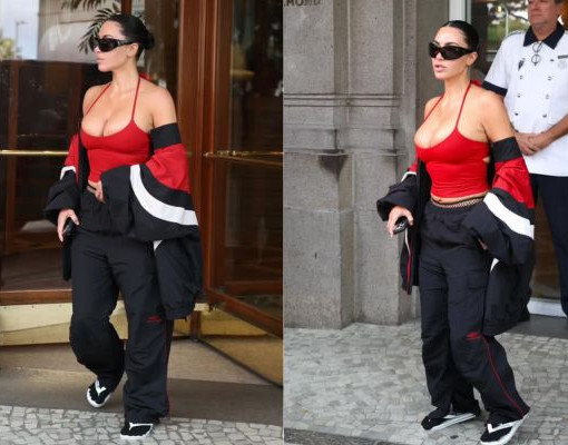 Kim Kardashian chama atenção ao usar chinelo e meia durante passagem pelo Rio de Janeiro