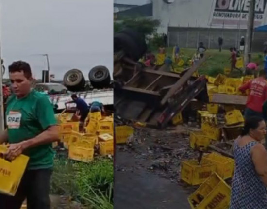 Caminhão tomba no Maranhão e populares levam cervejas