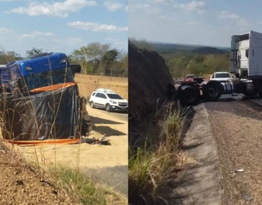 Manobra para evitar colisão faz duas carretas tombarem e bloqueia rodovia em Regeneração