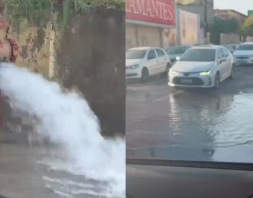 Hidrante é aberto e água se espalha pela avenida Frei Serafim