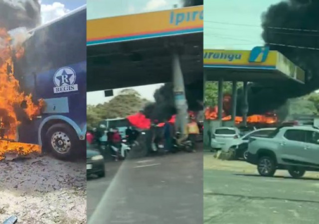 Ônibus pega fogo ao lado de posto de combustível na zona Sudeste de Teresina