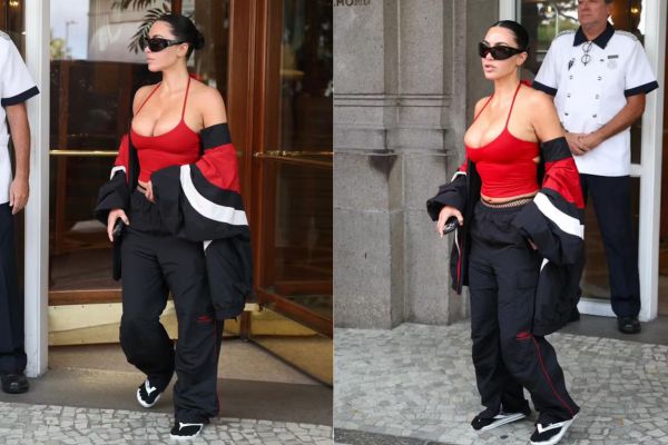 Kim Kardashian chama atenção ao usar chinelo e meia durante passagem pelo Rio de Janeiro