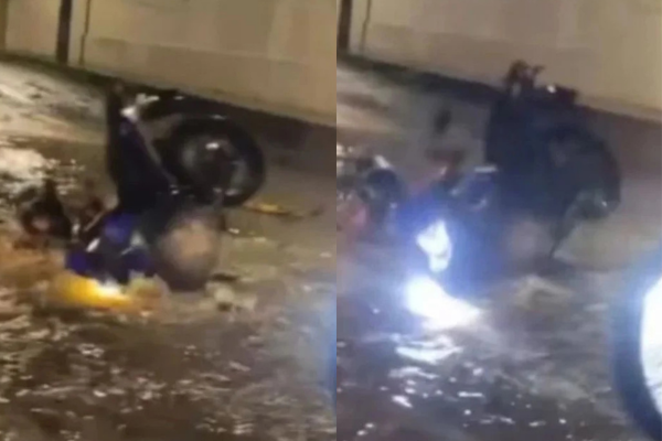 Motociclista cai em buraco durante chuva forte em Teresina