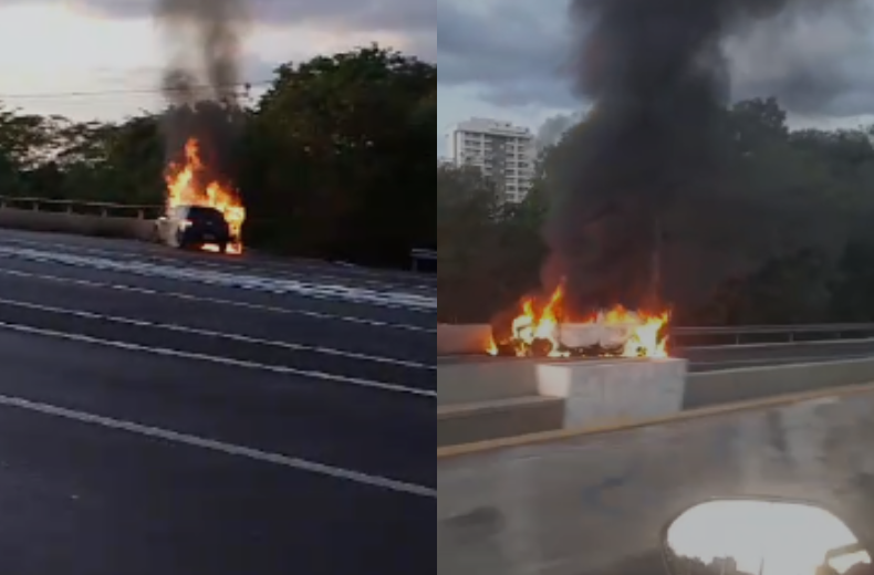 Carro transportando casal e criança pega fogo em ponte de Teresina