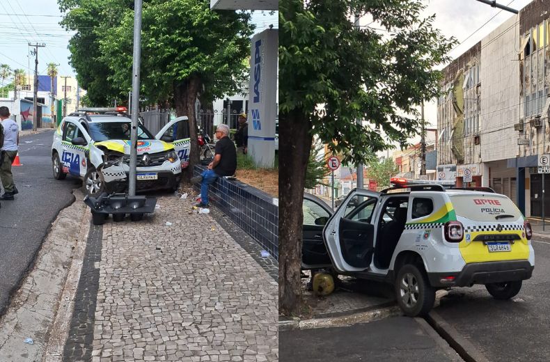 Viatura da Polícia Rodoviária Estadual colide contra semáforo em Teresina